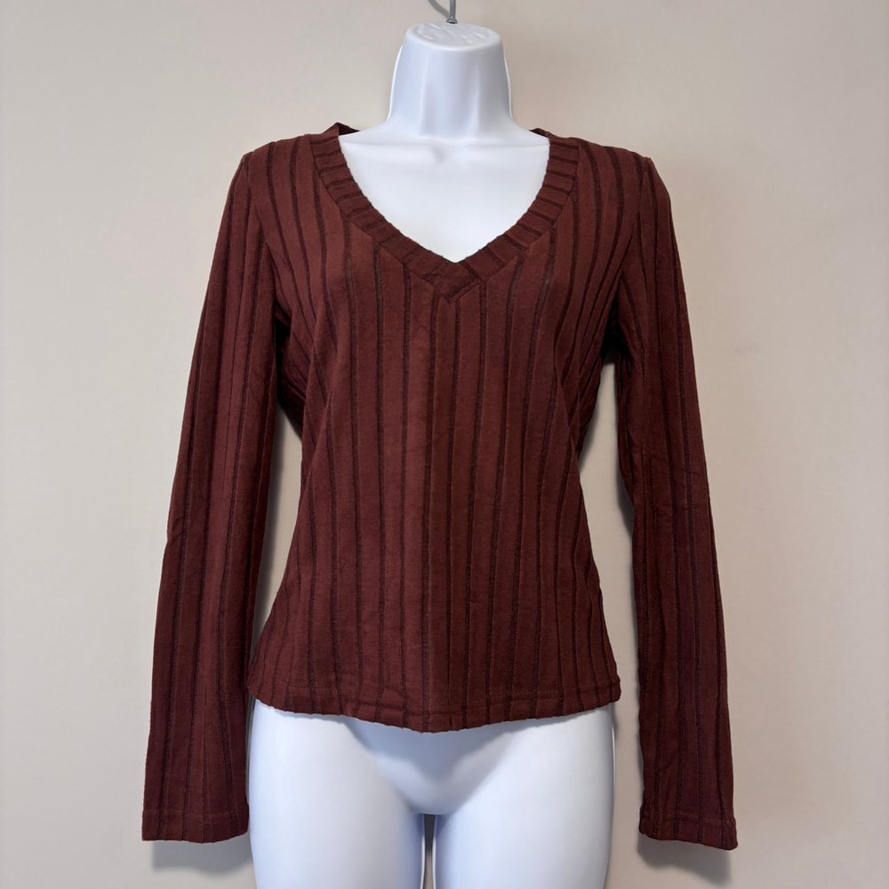 Shein EZWear Women's Size Small Brown Ribbed Long Sleeved V-Neck Top NIB